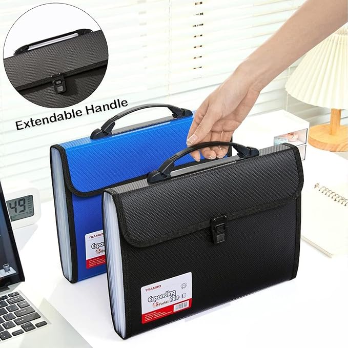 12 Pockets Letter Size/A4 Accordion File Organizer with Handle, TRANBO Expanding File Folder, Portable Paper Organizer, Expandable Plastic Document Organizer for Travel School Office - Black
