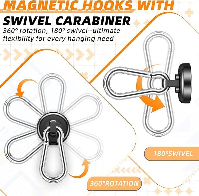 FINDMAG Magnetic Hooks with Swivel Carabiner, Neodymium Magnet Hooks for Hanging, Magnet with Hook for Kitchen, Office, Home, School - Black, 20 Pack