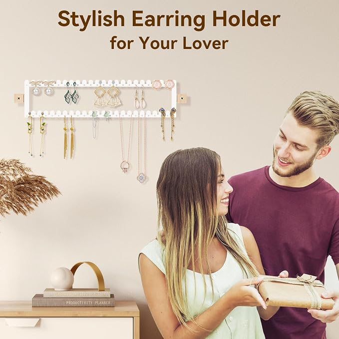 2 Tier Earring Holder Organizer Wall Mounted,2PCS Metal Earring Display Storage with 96 Holes and 92 Grooves Hanging Jewelry Organizer Tree for Stud/Hoop/Dangle Earrings Necklace(White)