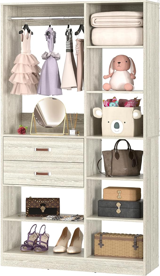 Armocity Freestanding Closet System, 40 Inches Stand-Alone Wardrobe with 10 Shelves, 80'' Height Adjustable Cloth Garment Rack with 2 Wood Drawers, Wood Walk-in Closet with Hanging Rod, White Oak