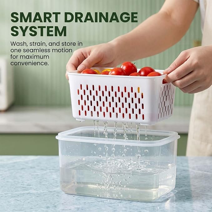 Fruit Storage Containers for Fridge with Removable Colander, Airtight Produce Storage Containers with Lids, Fridge Organizers and Storage for Berry, Fruit, Vegetables, Salad & Meal Prep (Blue, S+M)