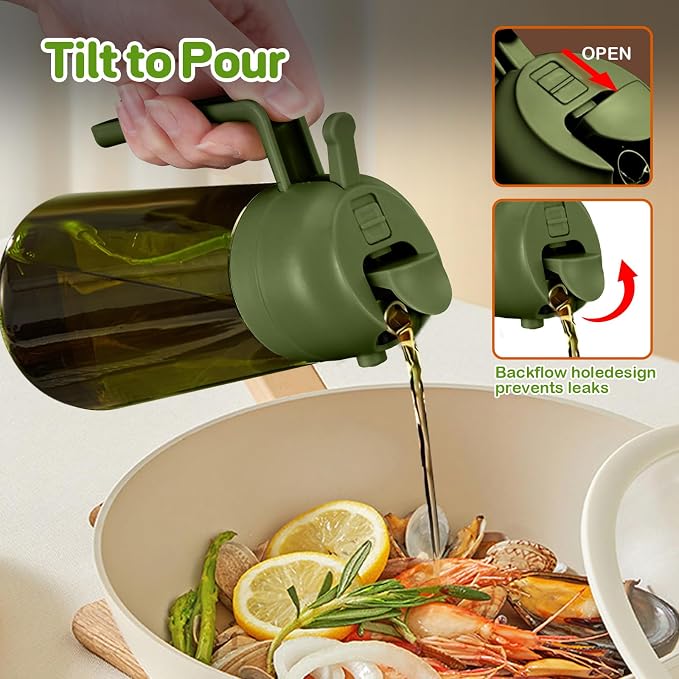 YARRAMATE 2Pcs 16oz/470ml Dark Green Oil Sprayer for Cooking with Stickers, Food-grade Premium 2 in 1 Olive Oil Dispenser Bottle for Kitchen Gadgets, Air Fryer, Salad, Frying, BBQ (Black&OliveGreen)
