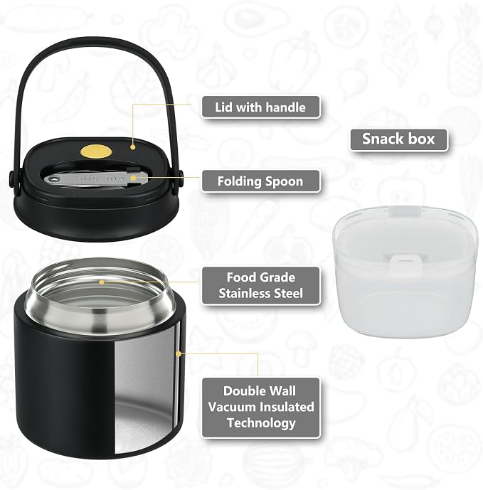 14 oz Soup Thermo for Hot Food with 7 oz Snack Container, Leak-Proof Insulated Lunch Container Kids and Adults, Stainless Steel Double Wall Vacuum Wide-mouth Thermal with Spoon and Handle-Black