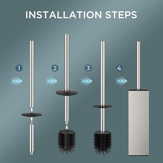 FORIOUS Toilet Brush, 2 Toilet Bowl Brush Head Square Tall Brushed Nickel | Heavy Duty 304 Stainless Steel Base, Silicone and Plastic Brush Heads, Long Handle for Deep Cleaning, Drip-Proof