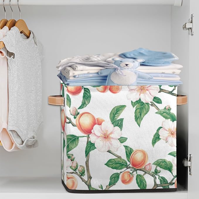 TropicalLife Floral Peach Storage Cube, 13 Inch Fabric Cube Storage Organizer Bin for Shelves Clothes, Decorative Foldable Storage Boxes