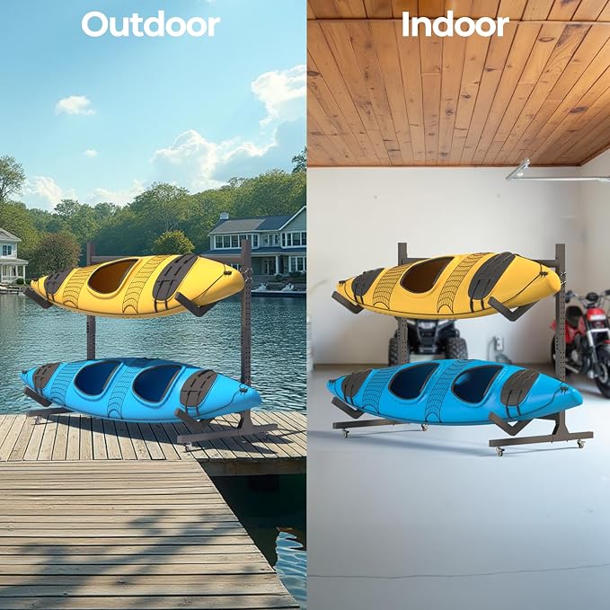 Freestanding Adjustable Kayak Storage Rack, 1 Side 2 Layers Kayak Bracket, Durable Kayak Rack with Lockable Wheels for Indoor, Outdoor, Garage, Shed, Dock