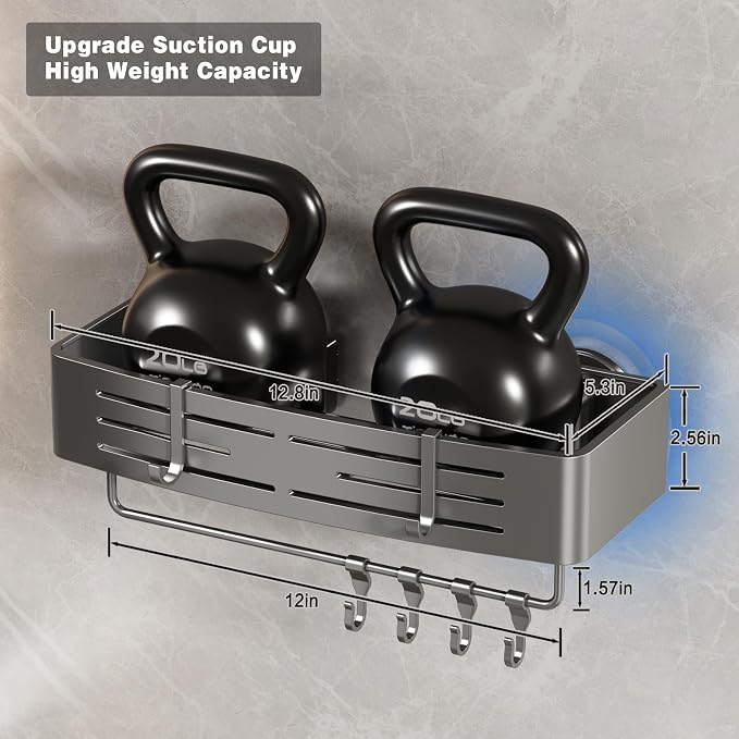 Voldra Shower Caddy Suction Cup, 3 Pack Shower Shelves for Inside Shower No Drilling, Aluminum Suction Showers Organizer with Towel Bar & Hooks Removable Bathroom Shelf Storage Rack(Gray)