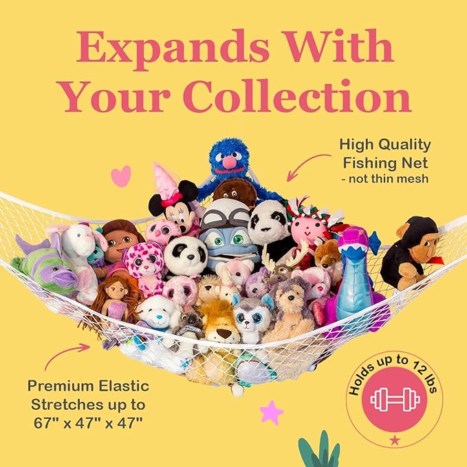 Lilly's Love Stuffed Animal Hammock | Corner Hanging Organizer, Toy Storage, Stuffed Animal Storage Net | Made From Quality Fishing Net, Holds 12lbs | 67"x47"x47" (Red)