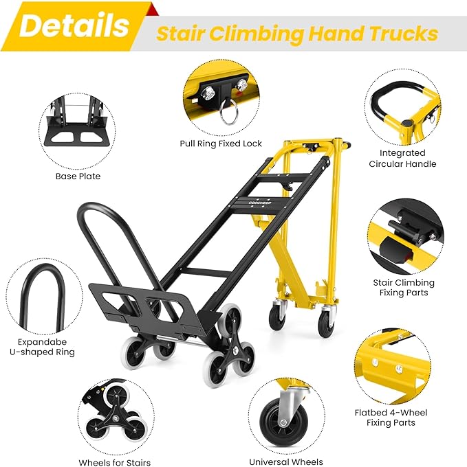 1000LBS Heavy Duty Aluminum Stair Climbing Dolly, 3 in 1 Convertible Hand Truck, Folding Hand Truck Dolly Cart with Solid Wheels for Moving/Travel/Office (Yellow)