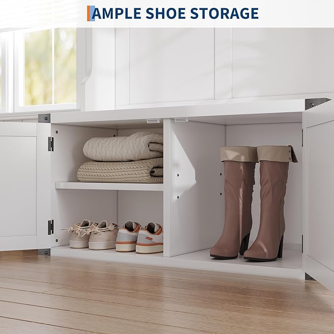 Garvee Farmhouse Hall Tree with Bench and Shoe Storage, 77" Tall Entryway Hall Tree w/ 5 Tri-Hooks Coat Rack, Mudroom Rack w/Bench & Door, Adjustable Shelf, 2 Top Cubbies Storage, Space Saving, White