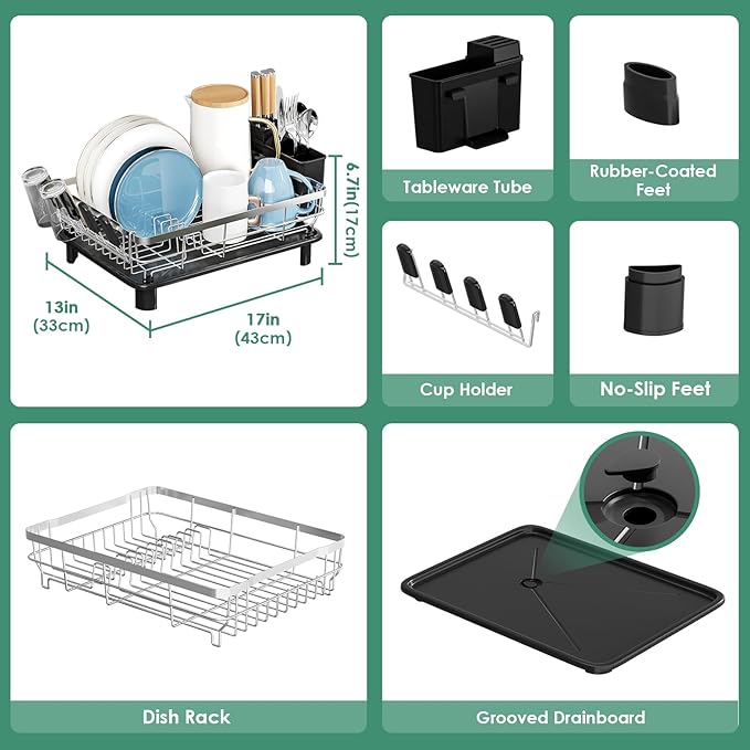 MOUKABAL Dish Drying Rack, Dish Rack, Stainless Steel Dish Racks for Kitchen Counter, Dish Drainer with Removable Utensil Holder, Drainboard (Black,Stainless Steel,13''W x 17''L)