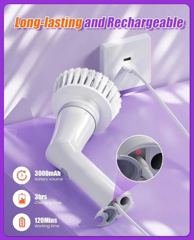6-in-1 Cordless Electric Spin Scrubber with Long Handle | Power scrubber, bathroom scrubber, 47.2 in long handle, 2 speed scrub brush, IPX7 rated body, kitchen, tile, tub, floor