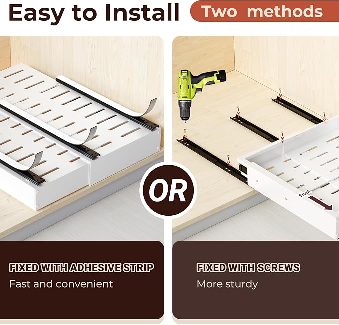 1 Pcs Pull Out Cabinet Organizers, Width (12"-19") and Depth (17"-23") Expandable With 3 Slides, No Drill Slide out Drawers Adhesive Film or Nail Cabinets Without Lip in Kitchen, Bathroom
