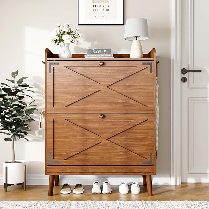 Shoe Storage Cabinet with 2 Flip Drawers & Adjustable Shelves, Freestanding Shoe Cabinet with Side Hooks Narrow Shoe Rack Cabinet for Entryway