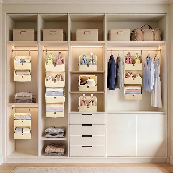 4-Tier Modular Sturdy Hanging Closet Organizer, Heavy-Duty Detachable Clothes Hanging Shelves with Reinforced Zippers and 8 Durable Hooks, Hanging Camper Organizer for Bedroom, RV, Nursery