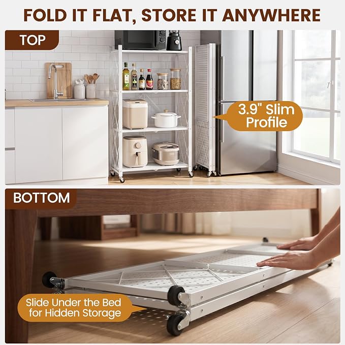 ALANNG 4 Tier Folding Storage Shelf on Wheels,Heavy Duty Metal Rolling Cart | 264 lbs Capacity, No Tools Assembly, Folds to 3.9", Lockable Casters, Portable for Kitchen Laundry Garage (White, 1 Pack)