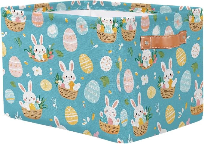 Cube Storage Bins for Shelves, Cute Easter Bunny Basket Egg Print Collapsible Fabric Toys Storage Basket Box with Handles for Home Office Bedroom Closet