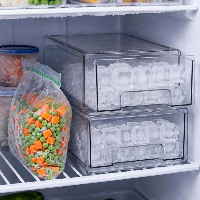 Havawish 1 Set Ice Container for Freezer with Scoop, Ice Storage Bin with Lid, Pull out Freezer Bin Organizer for Refrigerator, Clear Stackable Holder, Large 13.78 x 9.25 x 4.33 Inch