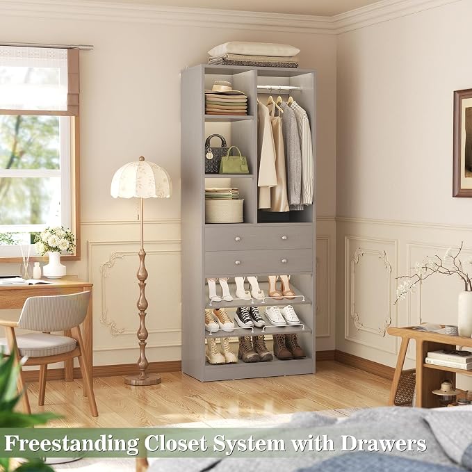 Besiost Small Closet System, 28"/2.3 FT Wood Closet Organizer System with Drawers and Shelves, Walk-in Closet Systems for Small Closets, Free Standing Reach in Closets Tower, Morandi Grey
