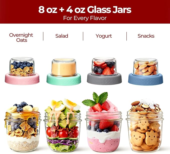 8+4 oz Glass Parfait Cups with Lids 4 Pack Yogurt Container Reusable | Dry Wet Separation, Overnight Oats Containers,Chia Pudding,Nuts, Fruit,Granola Toppings,Meal Prep Jars