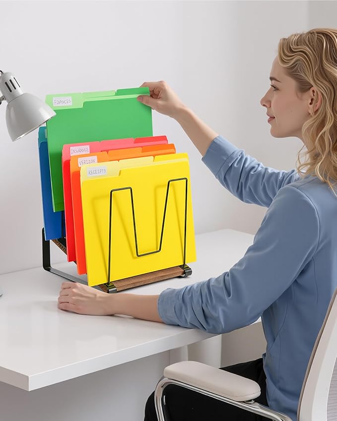 HULISEN Inclined Desk File Organizer, 5-Section Vertical File Folder Holder Stand, Metal File Sorter Rack with Wooden Base, Desktop File Organizer for Office Classroom Home Workspace