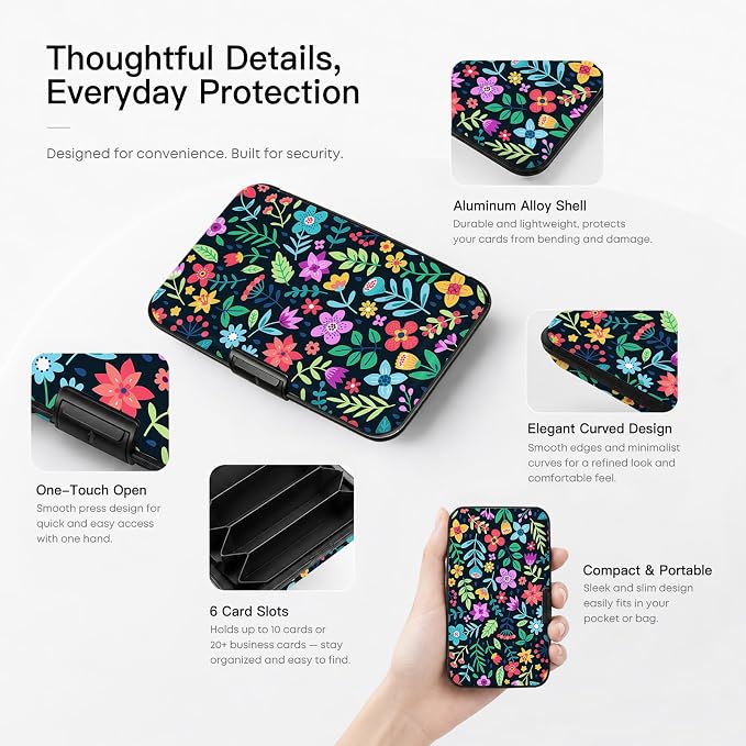 Credit Card Holder RFID Aluminum card case Red Floral mini Wallet Women Men | ABS Business ID Case,Hard Case Large Capacity 6 Slots, Waterproof Durable ，Secure Closure Slim Small Credit Card Protector