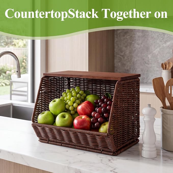 FoldTier Rattan Wicker Fruit Basket with Lid - 12 inch Stackable Wall Mounted Hanging Rattan Storage Basket for Kitchen Counter Handwoven Countertop Produce Organizer for Fruits Vegetables Snacks