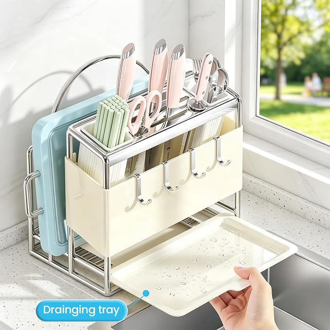 Multifunctional Cutting Board Organizer Large Capacity Knife Holder | Knife Drying Rack Kitchen Countertop Pot Lids Organizer, Knife Block Holder with Drain Tray Utensil Holders Storage Stand