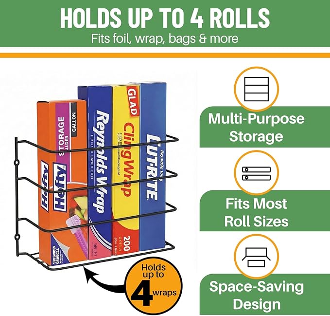 Evelots Kitchen Wrap Organizer - 2 Pack - Hold up to 4 Plastic, Foil, Paper, Wax - Cabinet Door, Wall Rack Basket - Sandwich, Freezer, Food Bag Storage - Laundry Supplies - Black
