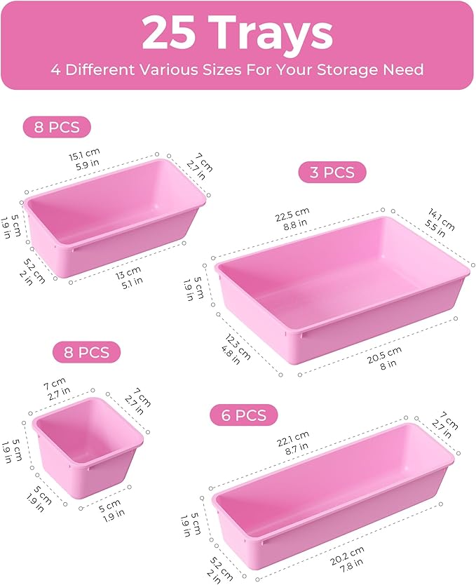 BiuLeon 25 PCS Plastic Drawer Organizers Set, 4-Sizes Vanity and Makeup Organizer, Desk and bathroom Drawer Organizer Trays, Organizers and Storage for Makeup, Jewelry, Gadgets, Utensils(Light Purple)