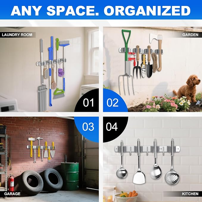 Broom Holder Wall Mount Mop Organizer, 4 Racks 3 Hooks, 2 Pack | Premium Stainless Steel Broom Hanger for Durable Rustproof Tool Rack Storage in Home, Kitchen, Garden, Laundry, Garage