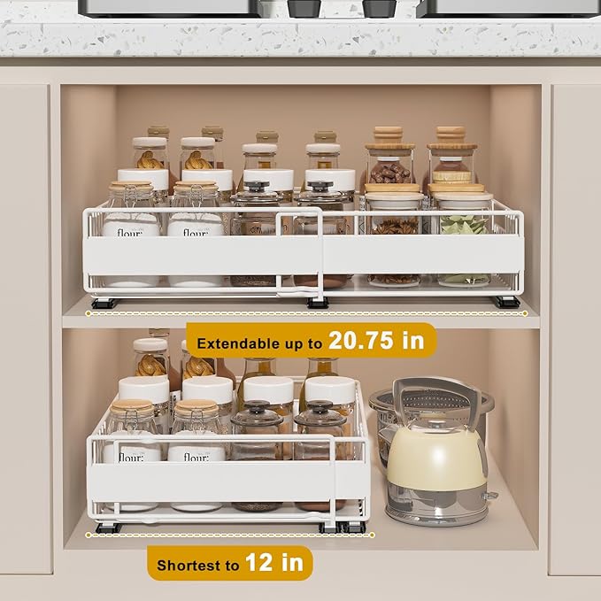 REALINN 2 Pack Pull Out Cabinet Organizer, Expandable(12"-20") Slide Out Drawers 3 Slide Rails Fix with Adhesive or Screw, Roll Out Shelves for Kitchen Cabinet Organization, White, 12cm height