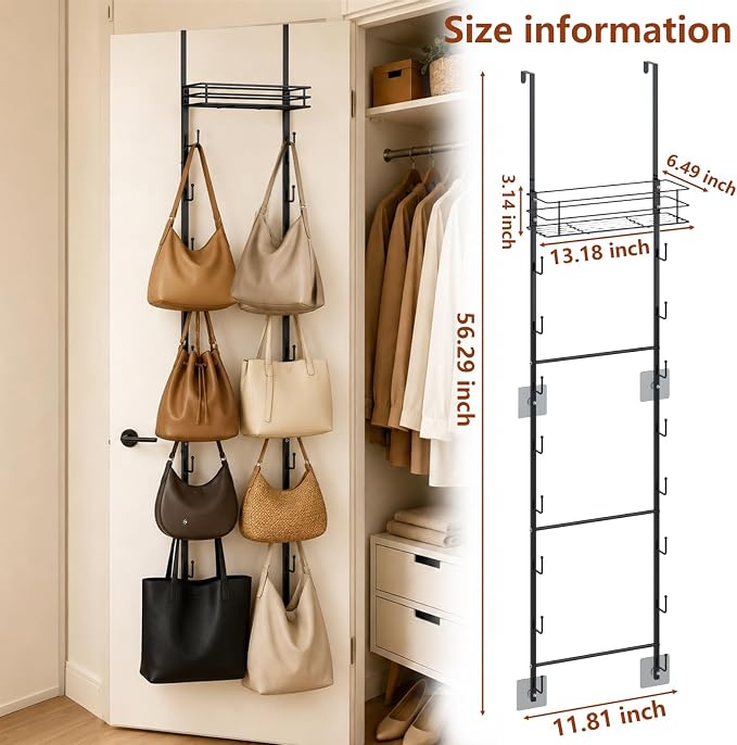 Over The Door Purse Organizer Black | Metal Hanging Handbag Storage with 16 Hooks & Metal Frame Basket, Wall Mounted Bag Holder Can Use As 1/2 Part