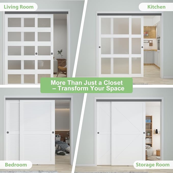 8FT/96(Double 4FT) Bypass Door Hardware, Aluminum Double-Closing Sliding Closet Door Hardware with Finger Pull Included, Smoothly and Quietly, Fit Door Thickness 1 3/8" or 1 3/4", Black