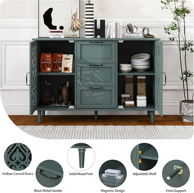 Vistavie Sideboard Buffet With Storage - Accent Cabinet With Carved Pattern, American Furniture 2 Door 3 Drawer, Farmhouse Wood Credenza for Entryway, Dining Room, Study Room