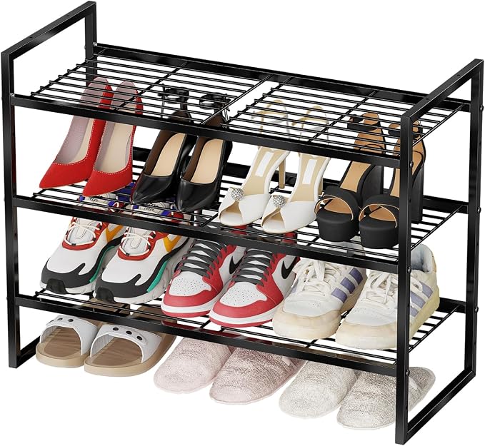 3 Tier Shoe Rack for Closet, 27 Inch Long Square Shoe Storage Organizer for Shelves, Heavy Duty Metal, Easy Assembly Stackable, Black