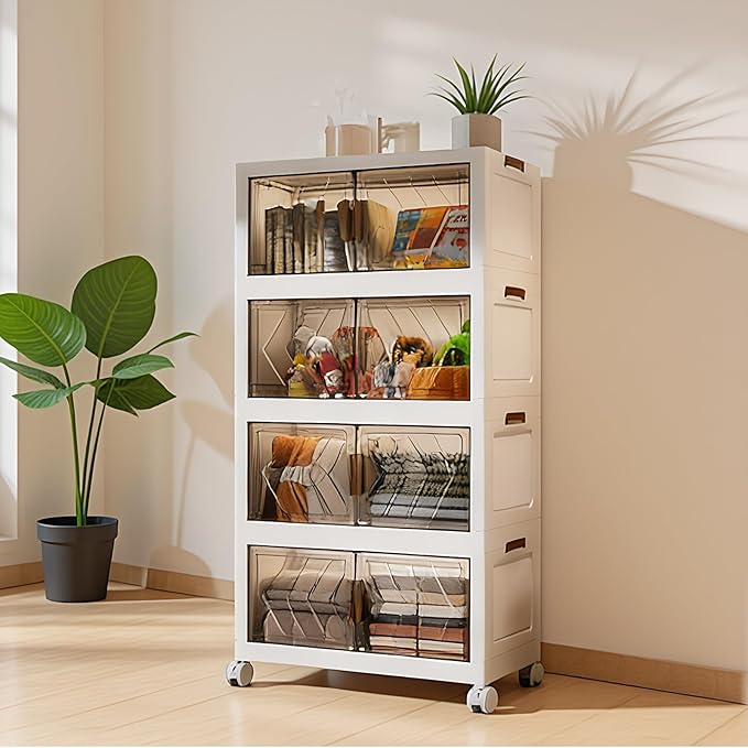 4-Tier Stackable Storage Bins with Lids 94QT Plastic Large Collapsible Storage Containers with Wheels and Magnetic Doors Foldable Closet Organizers for Living Room Garage Home Office, Clear