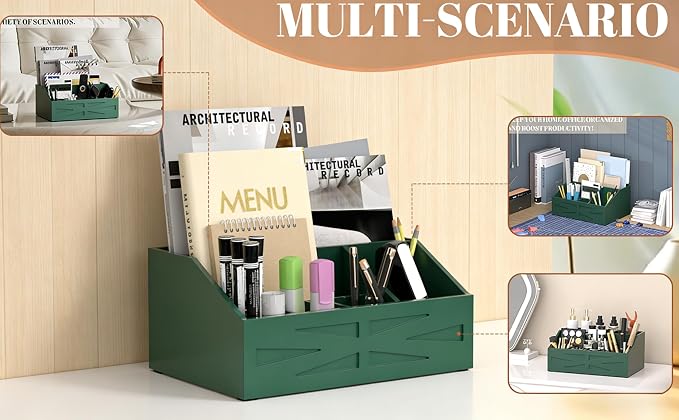 Wood Mail Organizer Countertop,Farmhouse Desk and Kitchen Countertop Storage, Letter Sorter, Desk Mail and Bill Organizer, Desktop File and Paper Holder (Green)