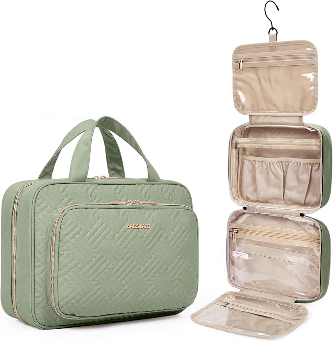 BAGSMART Toiletry Bag Hanging Travel Makeup Organizer with TSA Approved Transparent Cosmetic Bag Makeup Bag for Full Sized Toiletries, Large-Green