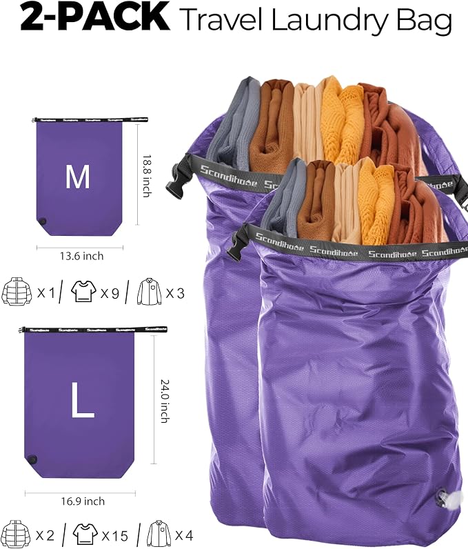 Travel Compression Laundry Bag, Pump-Free Vacuum Space Saver Bag for Dirty Clothes, Reusable Waterproof Wet Dry Bag, Travel Laundry Bag for Luggage, Packing, Suitcase (2 Pcs)（Purple, M + L)