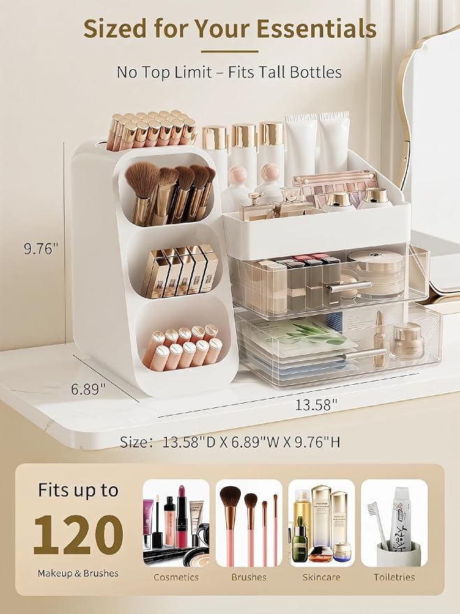 Booklov Large Makeup Organizer for Vanity Countertop, White | Clear Acrylic Cosmetic Display Case, Beauty Brush Holder for Bathroom Counter, Make Up Skincare Lipsticks Storage