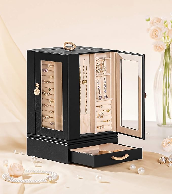Enthralite Luxury Jewelry Box for Women: 360° Rotating with Clear Window | Compact Jewelry Storage with Drawer - Necklace Ring Organizer with Compartments - Elegant Earring Holder Display Great Gift