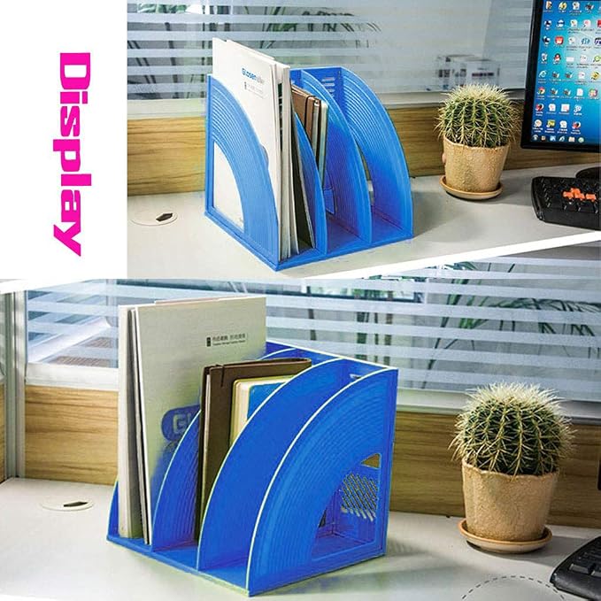 Marte Vanci Magazine File Holder Book Desktop Organizer Plastic Storage Sturdy Vertical 3 Section Folder Blue