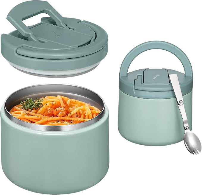 Itslife Soup Thermo for Hot Food Kids 25.5oz Lunch Containers with Buckle Lid Wide Mouth Hot Food Jar Vacuum Insulated Stainless Steel Bento Box Leakproof with Spoon (Green3, 14oz)