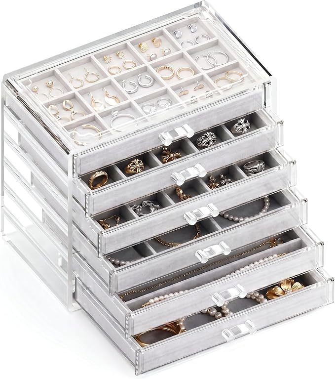 Clear Jewelry Organizer Earring Holder Organizer, Jewelry Box with 6 Drawers Clear Acrylic Stackable Earring Case with Adjustable Velvet Trays for Women and Girls, Grey