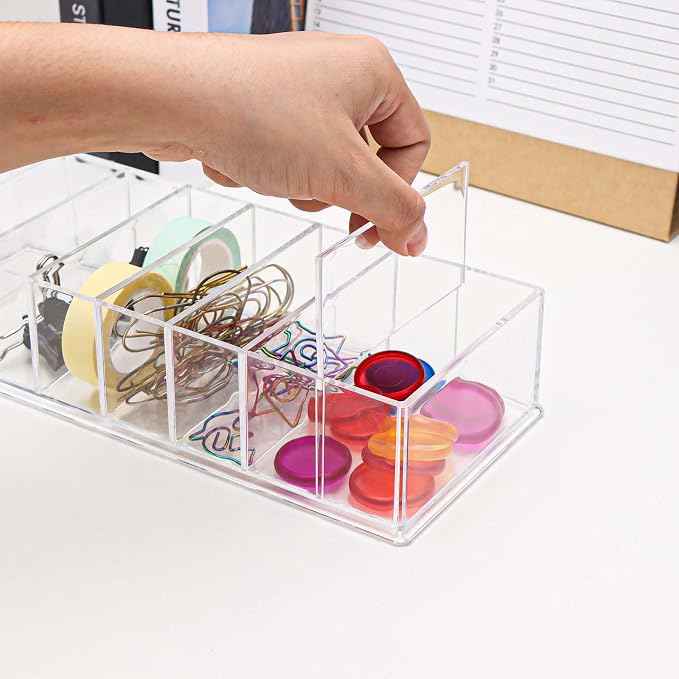 MEI YI TIAN Clear PS Stationery Organizer Large Pen Holder Detachable Storage Boxes 8 Compartments Case Compact Makeup Organizer for Desk Drawer