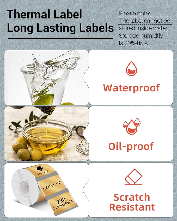 Phomemo Thermal Sticker Labels- 1.57"x1.18"(40x30mm) Thermal Label for M110/M100/M220/M250/M108, for Barcode/Address/Mailing/Logo/Business/Home Tag, Black on Golden