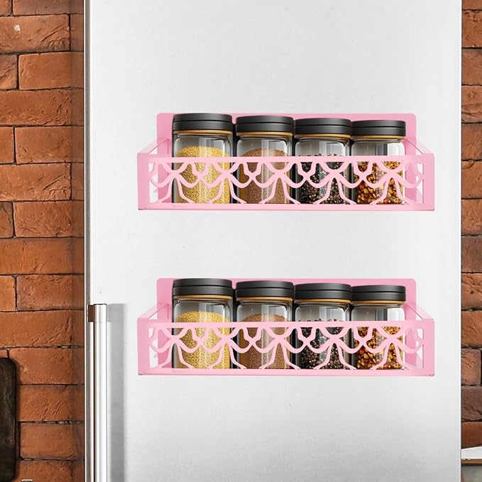 JarThenaAMCS 2Pcs Pink Bow Magnetic Spice Rack for Refrigerator Metal Basket Shelf Seasoning Storage Organizer Holder for Valentine's Day Home Kitchen Fridge Decor Accessories