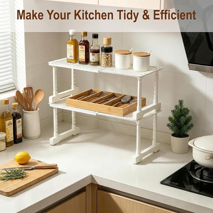 Expandable Cabinet Organizer Shelf, Adjustable Height Under Sink Storage Organizer, Shelf Riser for Kitchen, Bathroom, Wardrobe, Under Sink Counter(Beige) (2)