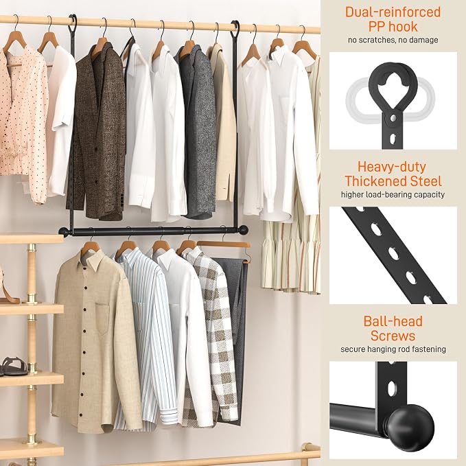 SUTINE Closet Rods for Hanging Clothes, Adjustable Closet Extender Hanging Rod, Space-Saving Closet Rod Extender Clothes Hanging Bar, Closet Poles for Hanging Clothes Organizer (Black, 15.7-31.5 IN)